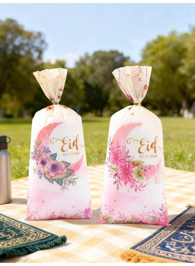 Eid giveaways Eid Mubarak floral candy bags set of 25 with elegant design and golden ties for treats and gifts - Image 4